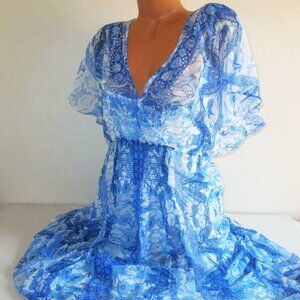 City Chic Maxi Mykonos Dress Size 16 Blue White Floral Chiffon Embellished $115